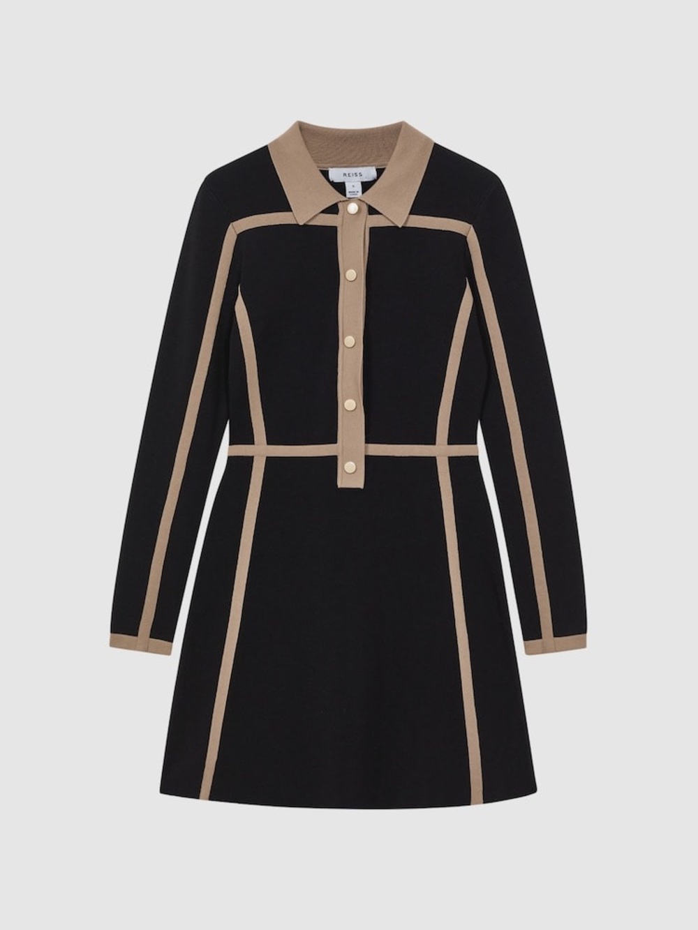 REISS-Nikki
Contrast Trim Press-Stud Mini Dress in Black/Camel